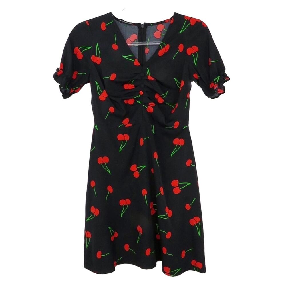 1990s Vintage Black Sweetheart Cherry Pattern A-Line Short Sleeve Mini Dress XS